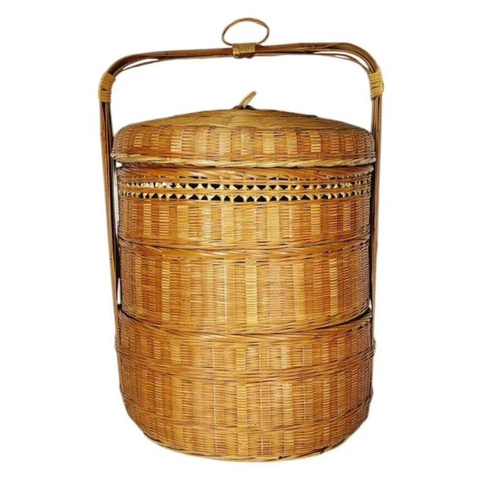 Vintage 1940s Boho Chinese Stacked Wicker Nesting Triple Storage Wedding Basket